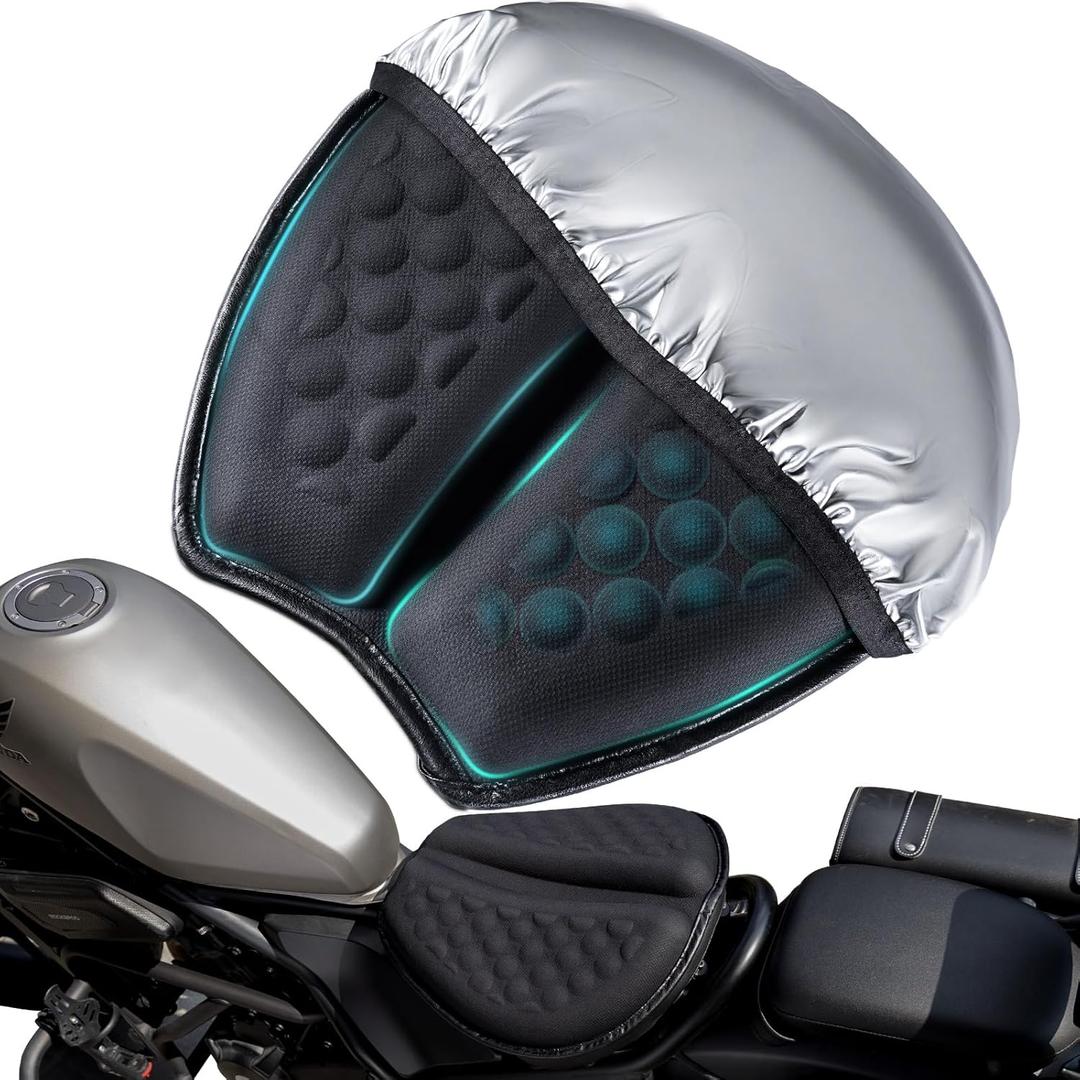 Foldable Motorcycle Gel Seat Cushion with Sunshade Cover 3D Dome-Shaped High Elasticity Shock Absorption Seat Pad, Comfort & Butt Protection for Long Rides, Stay Cool & Comfortable