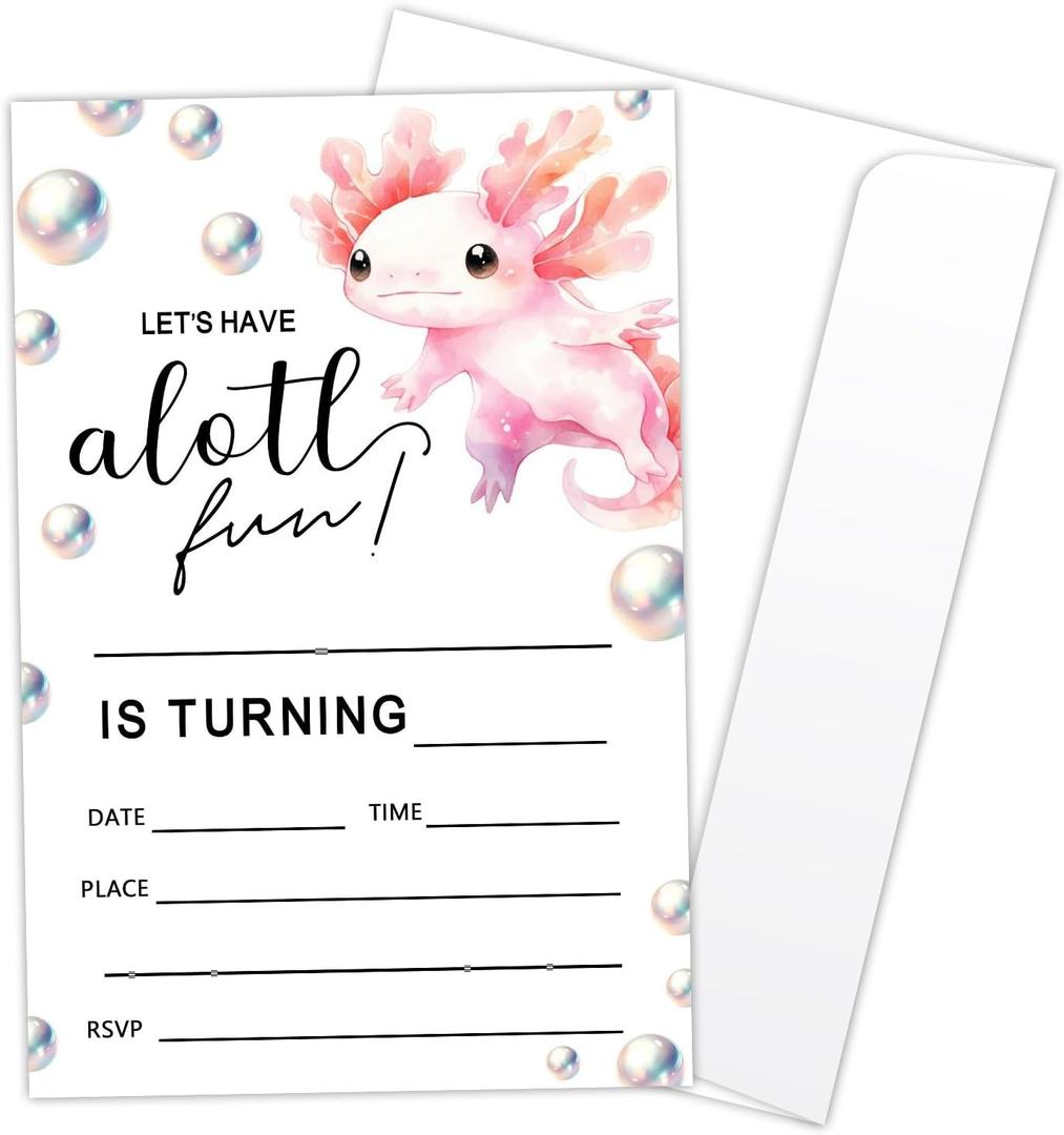 Axolotl Birthday Party Invitation Cards for Kids, 20 Party Invites with Envelopes, Cute Pink Ocean Animal Birthday Invitations for Boys Girls Teens Children, Axolotl Birthday Party Decorations -L863