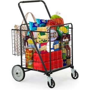 DWVO Super Jumbo Folding Shopping Cart Heavy Duty, Rolling Foldable Grocery Cart with Wheels, Portable Collapsible Utility Cart with Double Basket for Shopping Groceries Laundry Storage