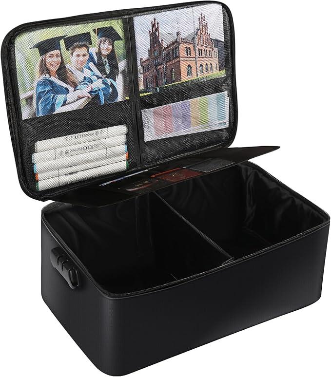 Fireproof Photo Storage Box, Photo Box Organizer with Lock, Collapsible Portable Photo Storage Container with Handle for Photos, Picture, Scrapbook, Art, Craft Black