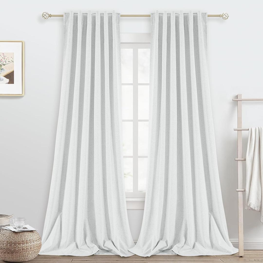 90 Inches Length Long White Linen 100% Blackout Curtians, Back Tab Thermal Insulated Living Room Darkening Curtains 2 Panels Sets for Bedroom Elegant