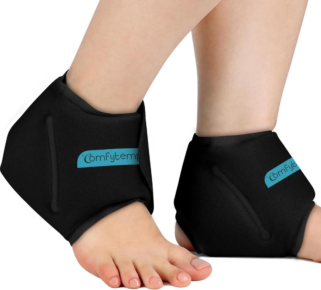 Comfytemp Ankle Ice Pack Wrap for Sprained Ankles, Plantar Fasciitis, Foot Pain Relief, Reusable Gel Hot Cold Compress Brace for Achilles Tendonitis, Injury, Swelling, 2 Packs, Black, Standard, 2 