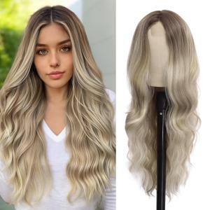 Mairead 26 Inch Ombre Blonde Synthetic Lace Front Wigs for Black Women Middle Part Long Wavy Curly Synthetic Wig Natural Looking Heat Resistant Synthetic Fiber for Daily Party Use