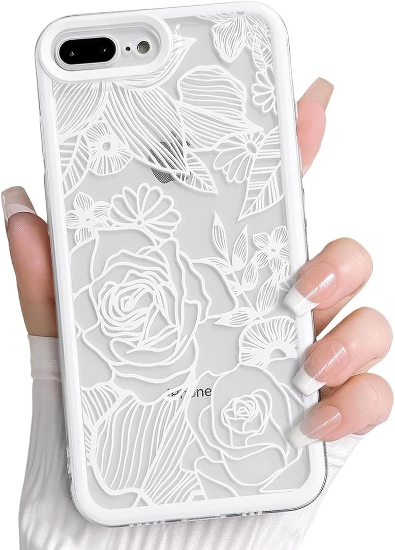 NITITOP Compatible with iPhone 7 Plus / 8 Plus Case Clear Cute Rose Flower Floral Leaves Pattern for Women Girls Color Frame Slim Durable Shockproof Protective Phone Cover - White