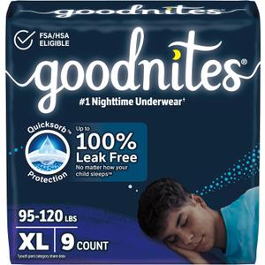 Goodnites Boys' Nighttime Bedwetting Underwear, Size Extra Large (95-120 lbs), 9 Ct