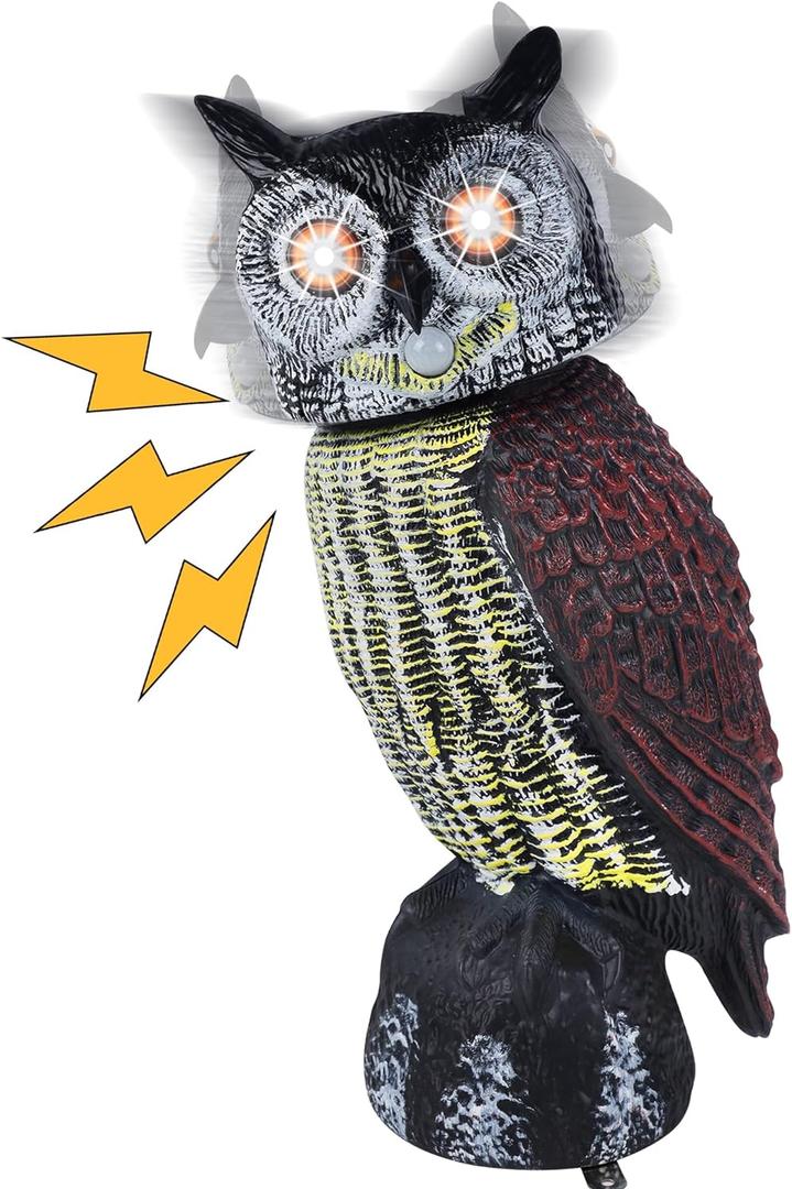Hausse Solar Fake Owl Decoy Scare Birds Away, Solar Powered Motion Activated Scarecrow Deterrent Owl with Glowing Eyes, Scary Sound & Rotate Head, Nature Enemy Bird Repellent for Outdoor Garden Yard