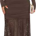 ZESICA Women's Long Sleeve Off Shoulder Bodycon Dresses Fall 2026 Ruched Lace Wedding Guest Cocktail Formal Maxi Dress (Brown, L)