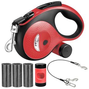 26Ft Retractable Dog Leash for Dog Up to 110lbs, Tangle Free Walking Leash, Heavy Duty Nylon Tape with Chew Proof Cable | LED Light | Dispenser | Poop Bags, Quick Lock Braking & Non-Slip Handle (Red)
