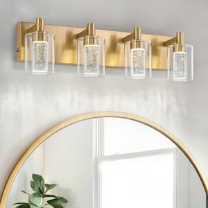 SineRise Vanity Light with 3 Color Modes (3000K/4000K/6000K), Eye Protection LED Bathroom Light Fixture, Dimmable Modern Wall Light Over Mirror with Clear Glass Shade (Gold, 4-Light)