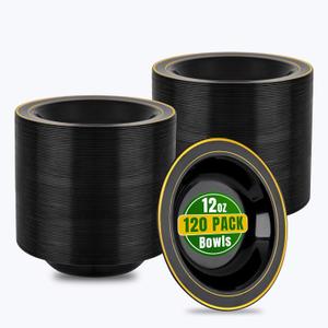 bUCLA 120 Pack Disposable Plastic Bowls 12oz - Black with Gold Trim Plastic Party Bowls for Salad, Soup, Dessert, Picnic, Catering, Ideal for Party & Graduation