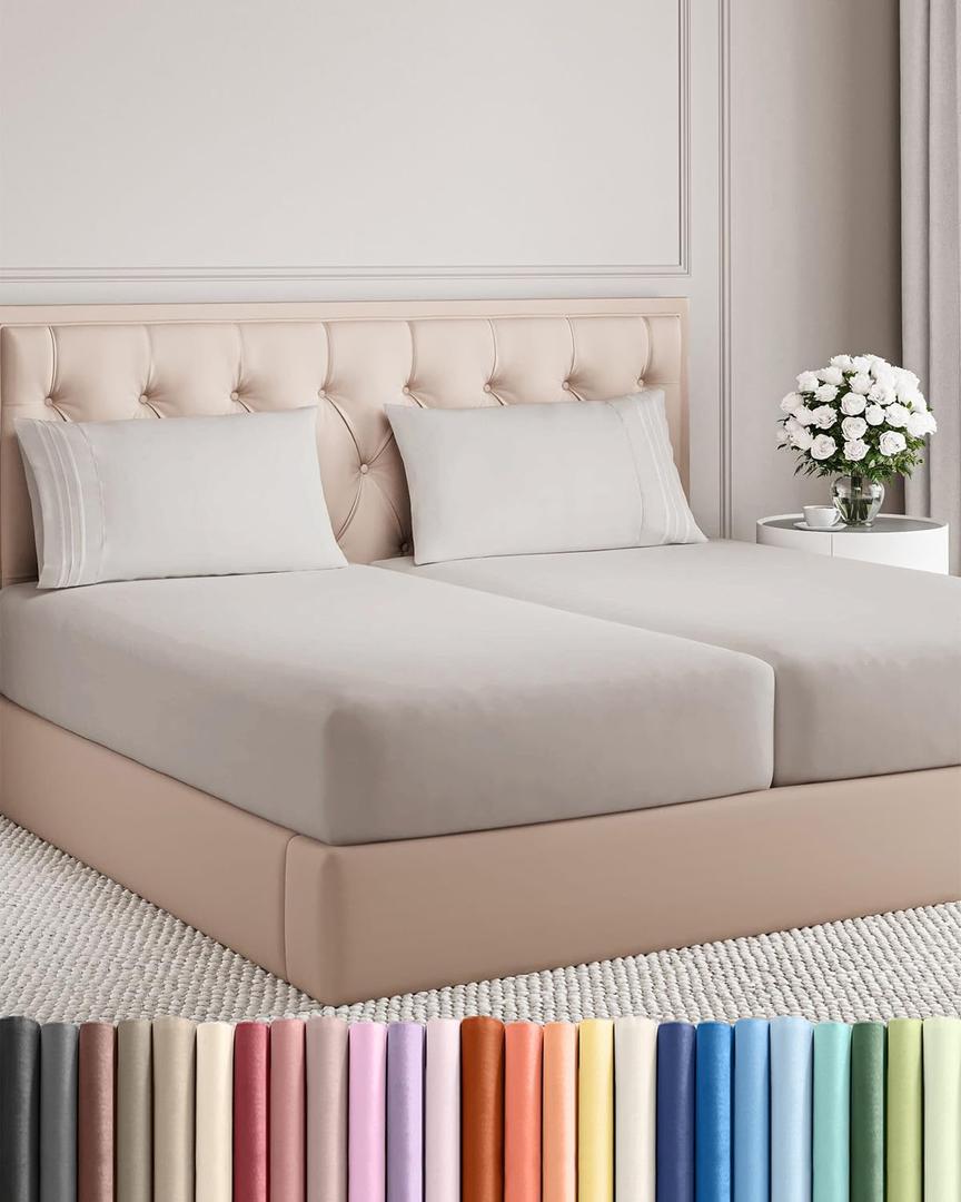 Split King Size 5 Piece Sheet Set - Comfy Breathable & Cooling Bed Sheets Set - Hotel Luxury Bedding for Women, Men, Kids, Teens, Boys & Girls - Deep Pockets and Wrinkle Free - Oeko-Tex - Light Grey