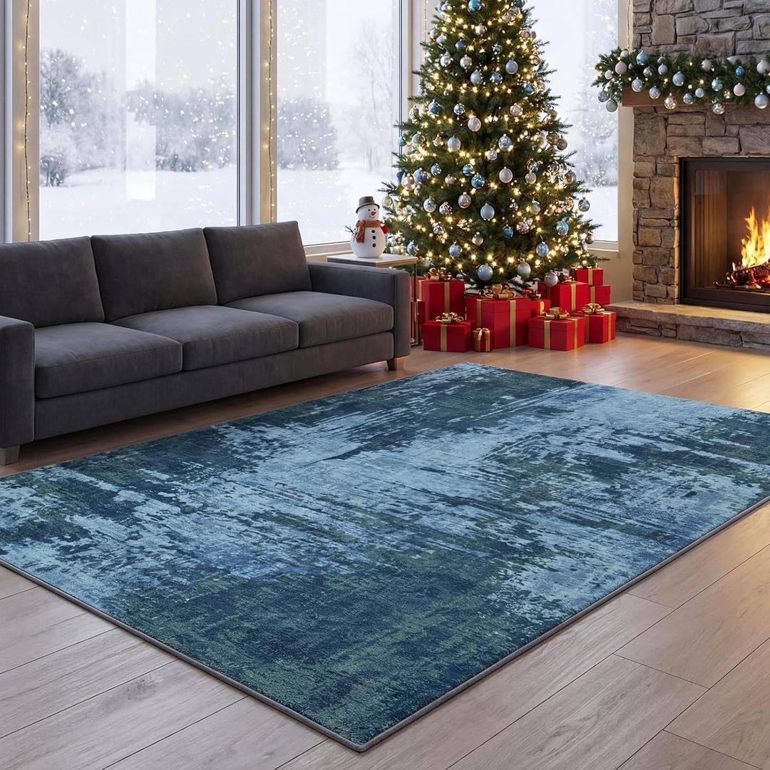 Merelax 4x6 Washable Area Rug for Living Room, Blue Boho Abstract Bedroom Area Rugs, Non Slip Entryway Rug, Low Pile Carpet for Kitchen Dining Room Study Office Kids Room