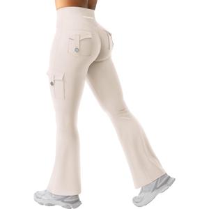 YEOREO CoreFlex Women Workout Flare Leggings with Pockets Hidden Scrunch High Waisted Cargo Gym Yoga No Front Seam Leggings (Medium, Light Khaki)
