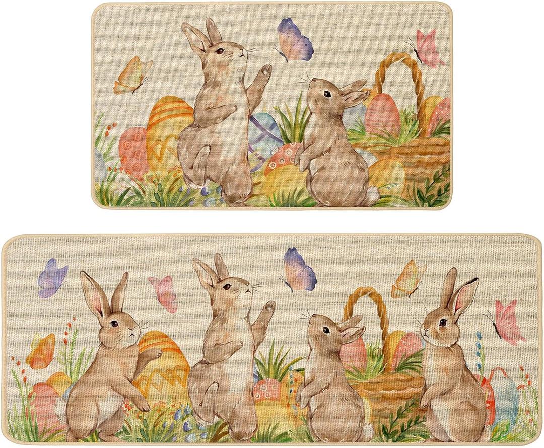 Baccessor Easter Kitchen Rugs Set of 2, Bunny Colorful Eggs Flowers Kitchen Mats for Floor Low-Profile Rabbits Spring Easter Holiday Home Decor 17x29 and 17x47 Inch