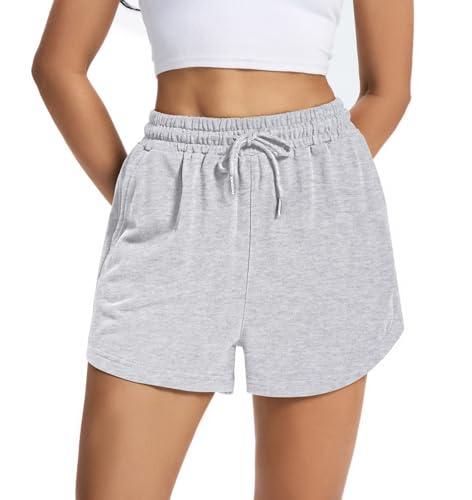 2 Packs Women's Sweat Shorts Comfy Lounge Running Shorts Gym Summer Casual High Waisted Athletic Shorts with Pockets (Gray, Large)