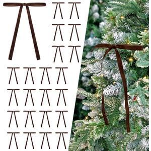 24 Pcs Deep Brown Velvet Bows Ornaments for Christmas Tree, Vintage Rustic Velvet Christmas Bows Tree Decorations, Indoor Home Decor for Wreath Mantle Gift Wrap Holiday Decor, 3/8'' W, 5 * 7 inch
