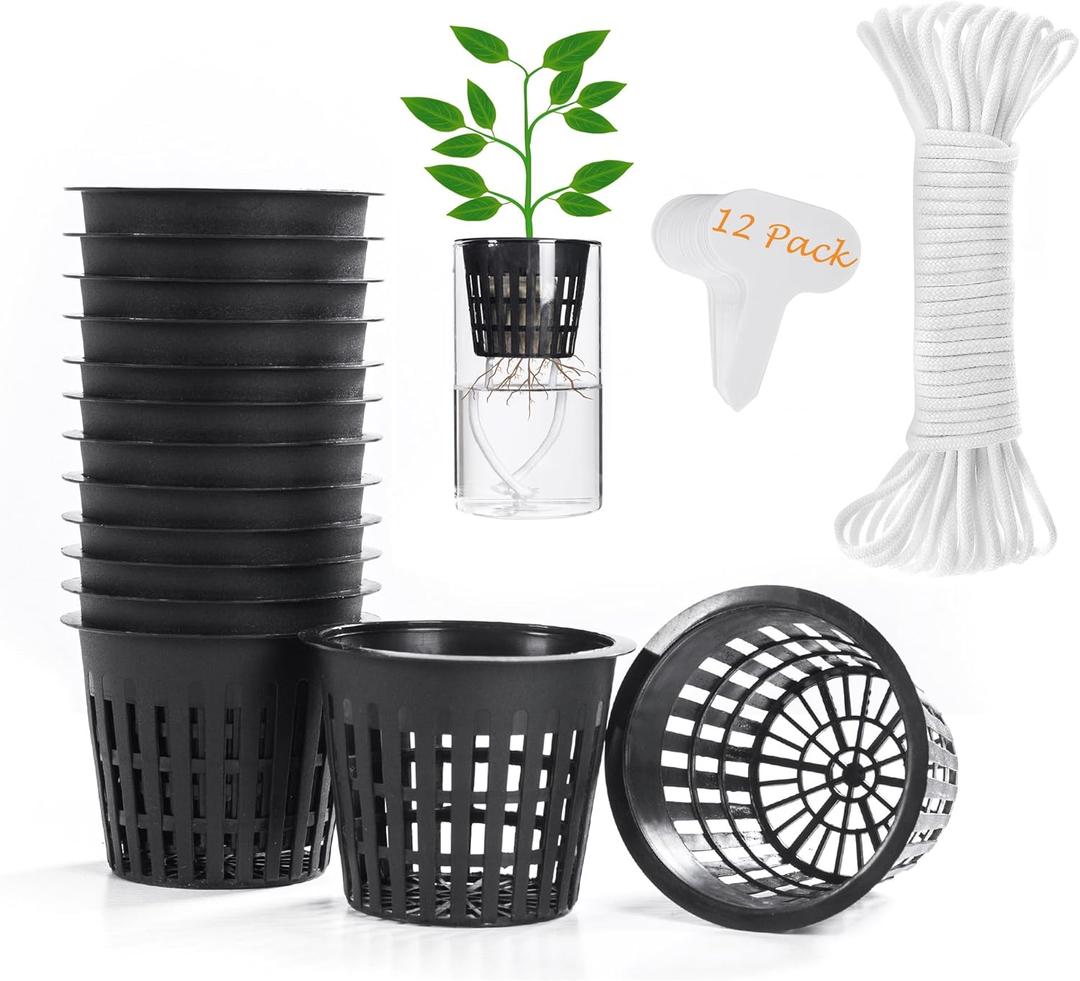 ORIMERC 12 Pack 3 inch Net Cups Pots with 12 feet Hydroponics Self Watering Wick & 12 Plant Labels Aquaponics Mason Jar Bucket Insert Orchid kratky Vegetable Garden Growing Netted Basket Slotted Mesh (Black)