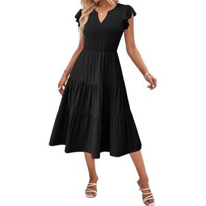 Zeagoo Womens Summer Casual Dresses Ruffle Sleeve V Neck  Dress Flowy Tiered Dress with Pockets Boho Sundresses, L