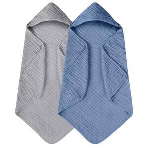 Yoofoss Hooded Baby Towels for Newborn 2 Pack 100% Muslin Organic Cotton Baby Bath Towel with Hood for Babies, Infant, Toddler and Kids, 32x32Inch, Soft and Absorbent Newborn Essential,Grey& Dark Blue