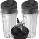 2pcs Replacement 16oz cup with lid and 1pcs extractor blade,Compatible with Ninja Kitchen System Pulse Blender BL200 30/ BL201 30/BL201C 30/BL203QBK 30 /BL203OCN 30/ BL203QB 30