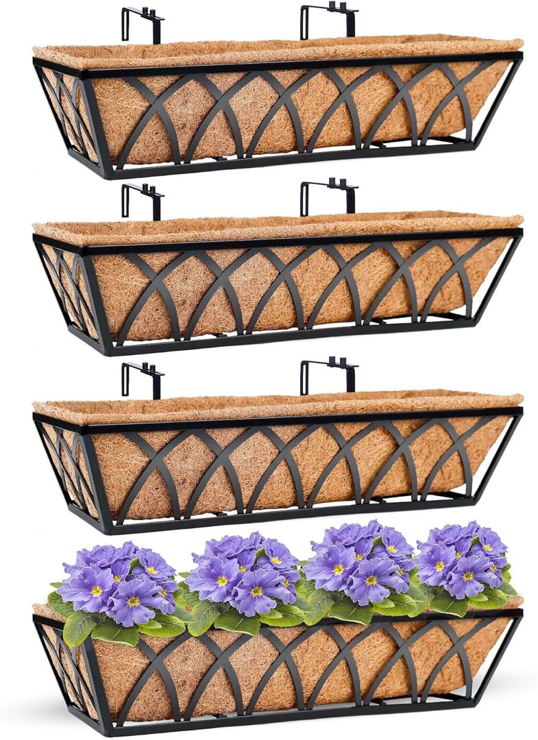 HFHOME 24 inch Window Deck Rail Planter with Coco Liner, 24" Dia Window Box Trough with Coconut Coir Liners, Black Metal Hanging Flower Planter Basket for Indoor Outdoor Lawn - Set of 4