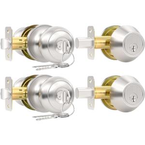 2 Pack Front Door Lock Set, Keyed Alike Exterior Door Lock Set with Deadbolt, Single Cylinder Deadbolt Lock and Entry Door Knob Set,Round Ball Brushed Nickel Door Knobs with Lock and Keys