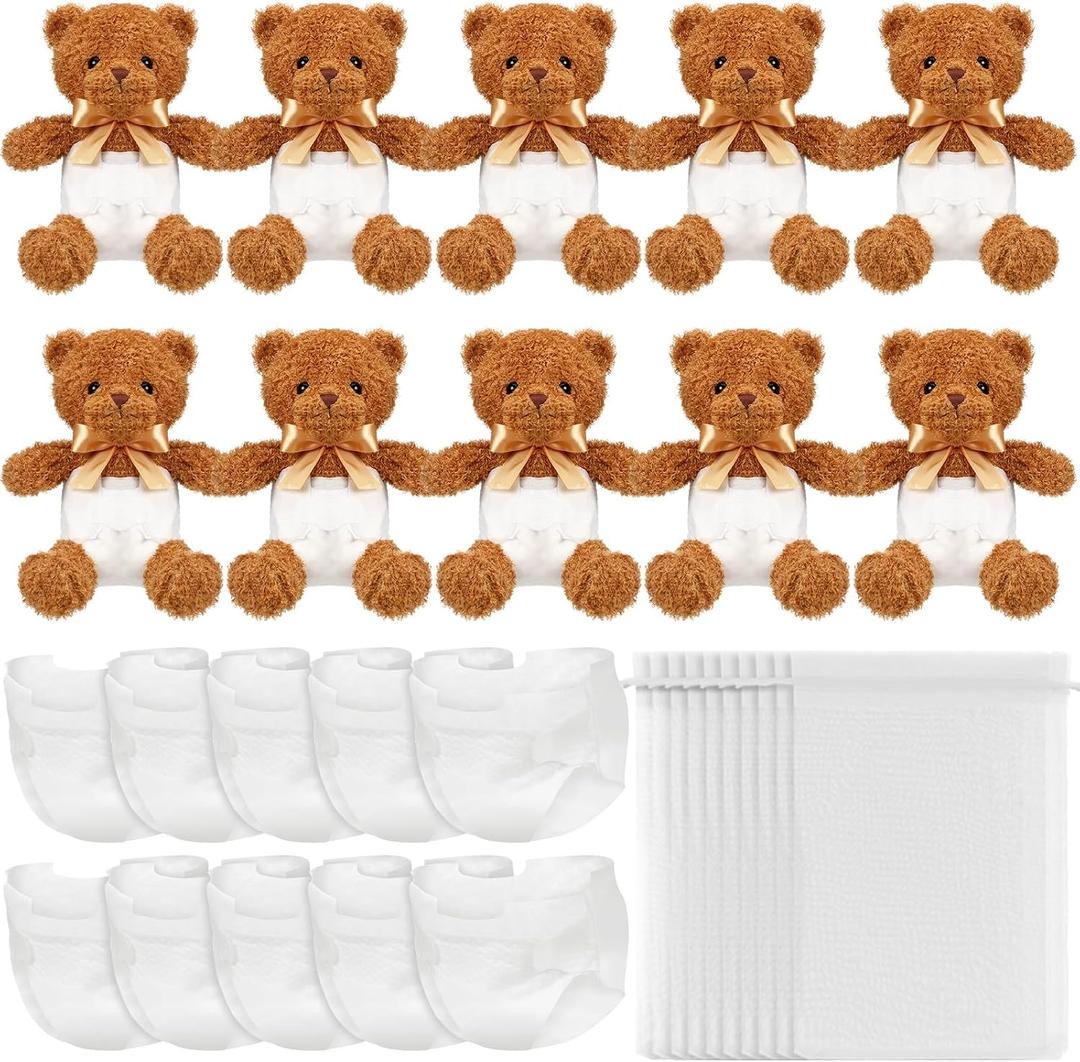 10 Sets Bear Blindfolded Diaper Changing Coed Baby Shower Games Kit Baby Dolls Bears Diapers for Bridal Shower Gender Reveal Games Prizes Gifts for Adults Boys Girls (Dark Brown)