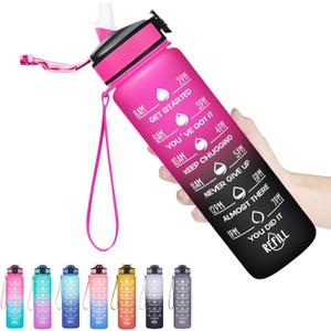 Hyeta 32 oz Water Bottles with Times to Drink and Straw, Motivational Water Bottle with Time Marker, Leakproof, Drinking Sports Water Bottle for Fitness, Gym and Outdoor (Pink-Noir Ombr)