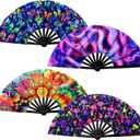 BBTO 4 Pcs Clap Fans for Line Dancing UV Glow Large Folding Hand Rave Fan Men Women Chinese Japanese Bamboo Clack Hand Fan for EDM Music Festival Club Party Dance Gift, 4 Styles, 25" (Fresh) 