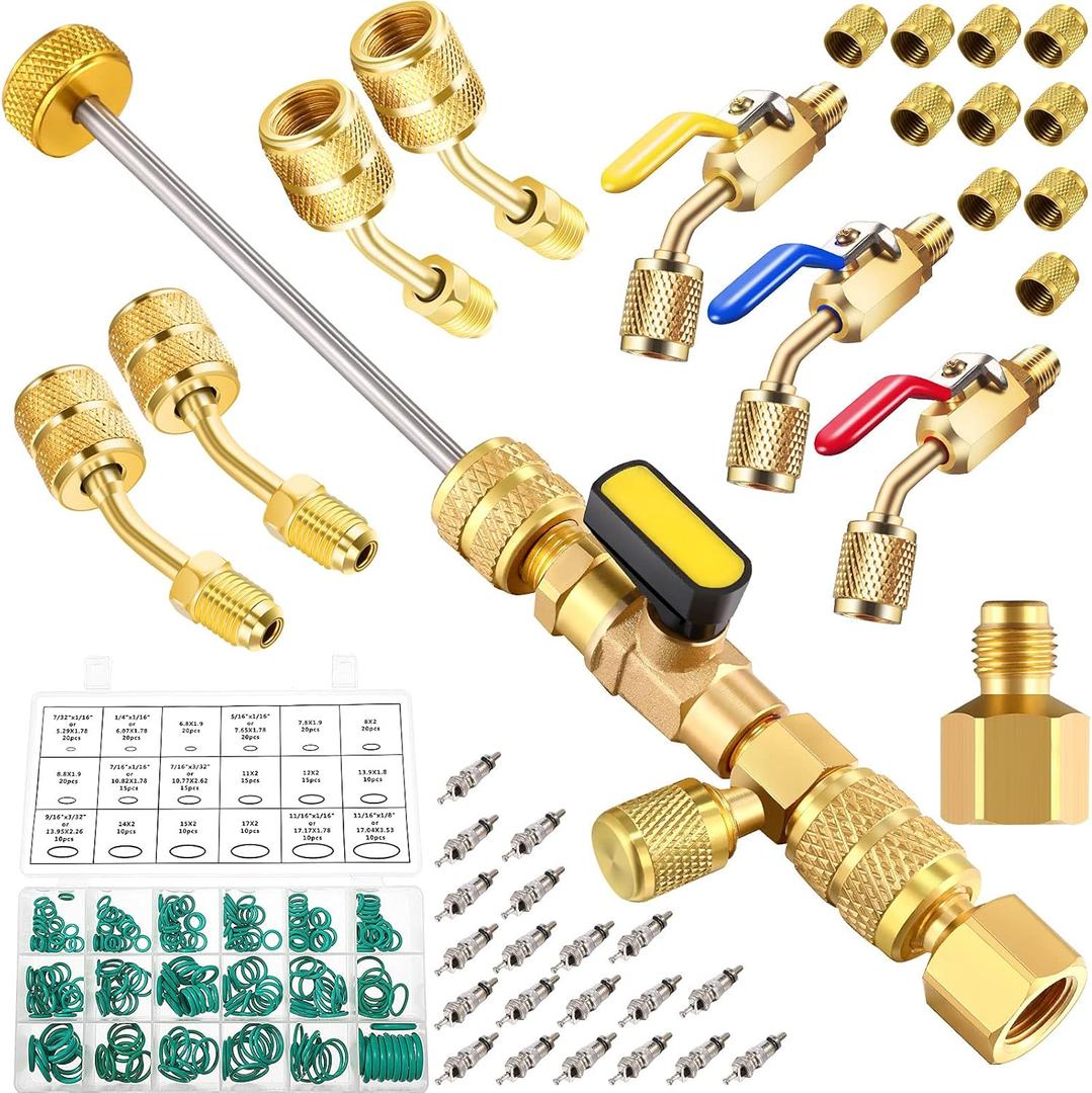 Mudder R410a Valve Core Remover Tool HVAC 7 Air Conditioning Refrigerant Angled Compact Ball Valve Compatible with Sae 1/4 and 5/16 Port R410 R32 Brass Adapter 20 Cores 10 Brass Nut 270 Sealing Washer