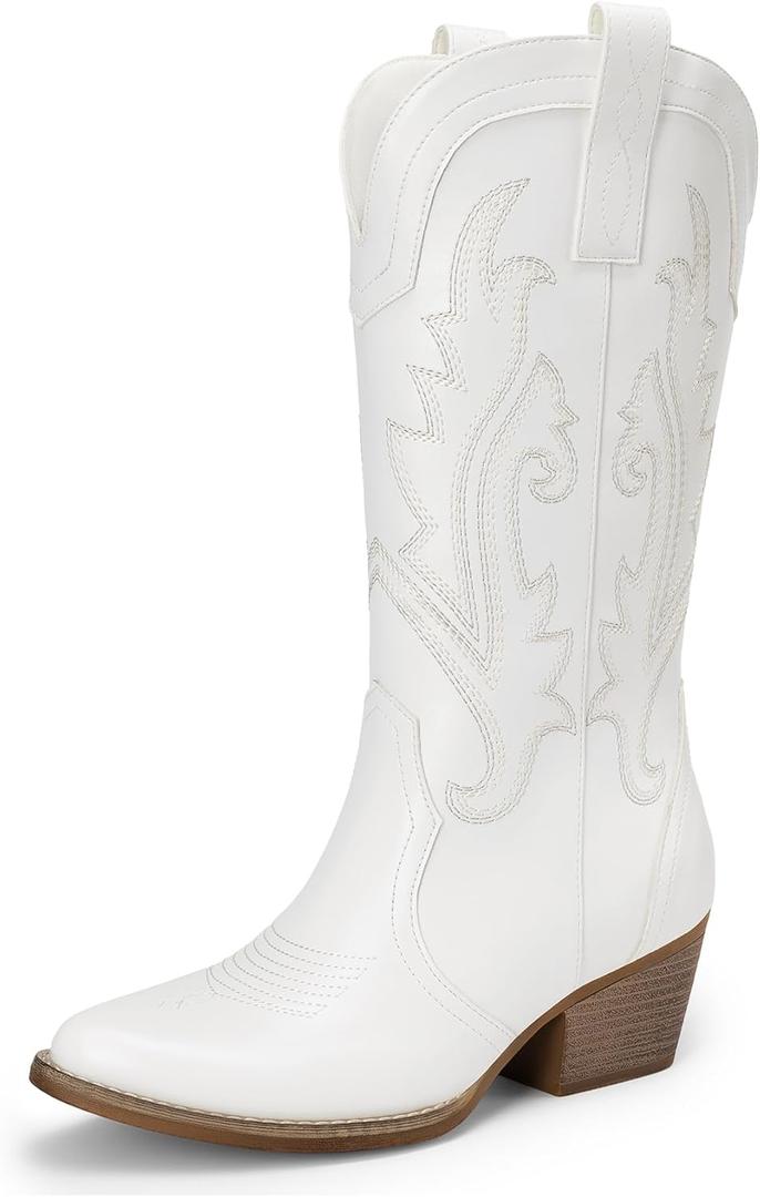 DREAM PAIRS Women's Cowboy Cowgirl Boots Embroidered Pointed Toe Low Heel Western Mid Calf Boot for Theme Party Country Concert (7, White)