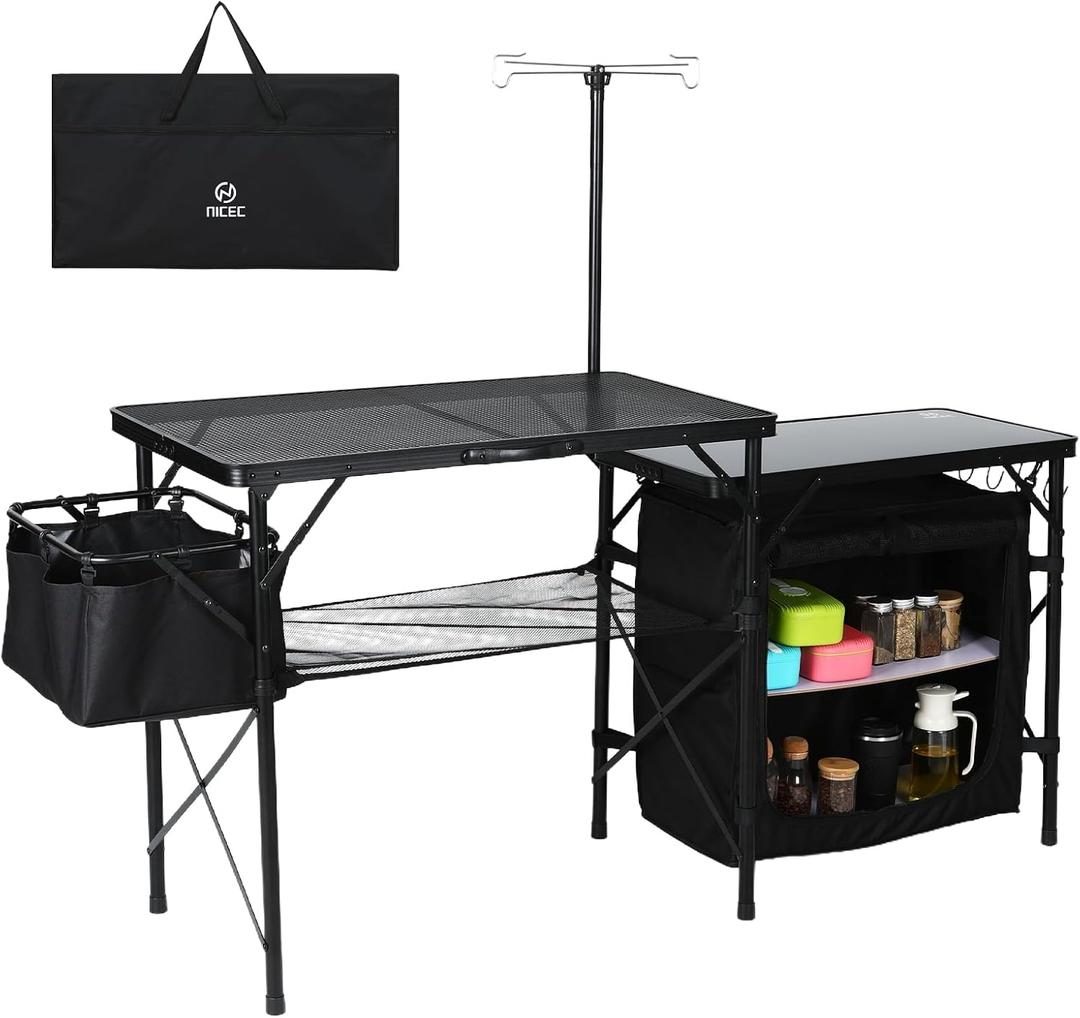 Nice C Camping Kitchen Table, Portable Folding Camp Cook Station, Storage Organizer, with Light Poles, Storage, Side Bag, Side Hooks, for Outdoor, Picnic, Beach, RV Traveling (Black), 67.9 inches x 20 inches x 31.69 inches