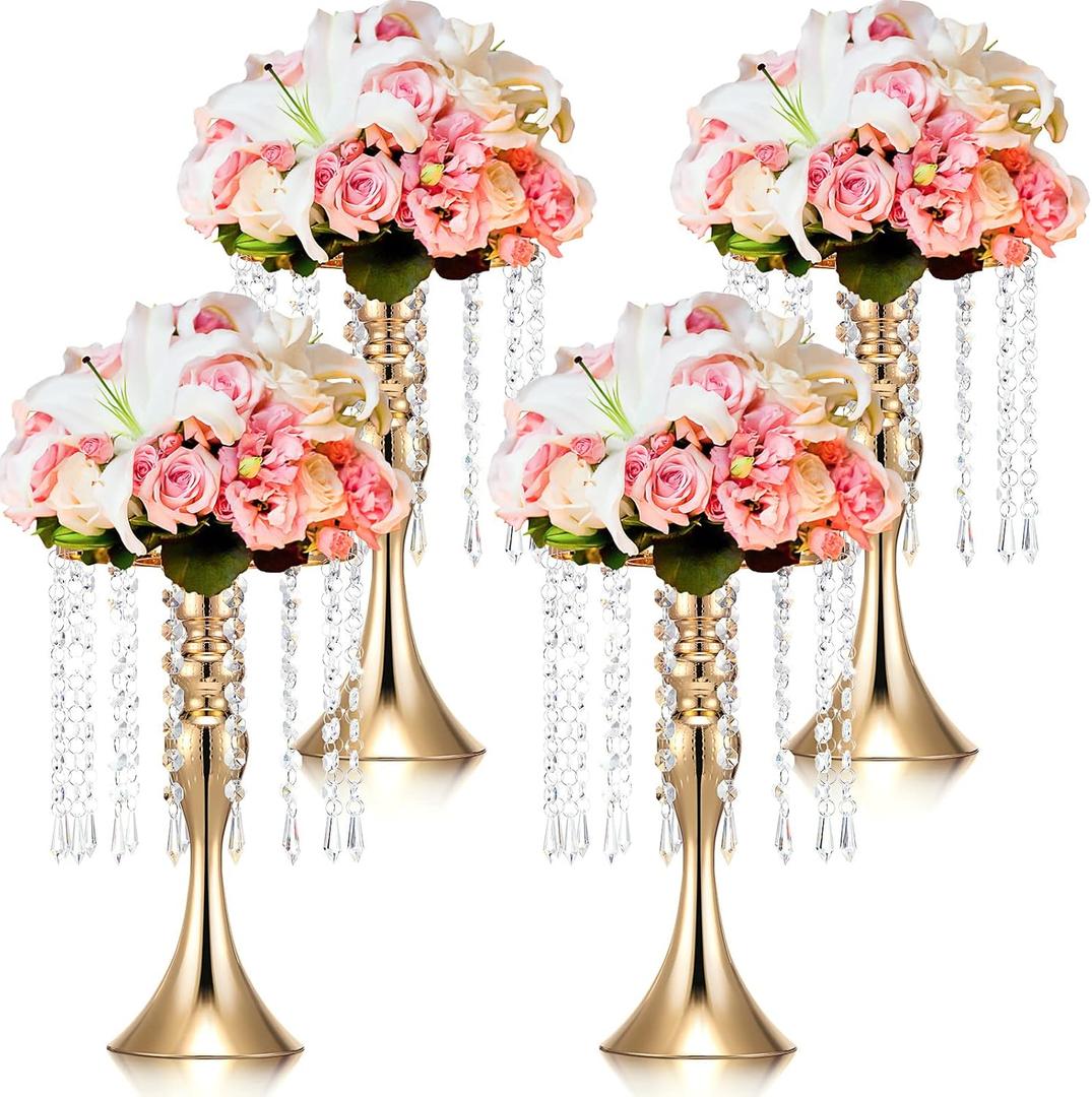 Unittype 4 Pcs Wedding Centerpieces for Tables 13 Inch Tall Crystal Flower Stand Floral Vases for Tabletop Flower Arrangement Stand Valentines Gift Anniversary Baptism Party Reception Decor (Gold)