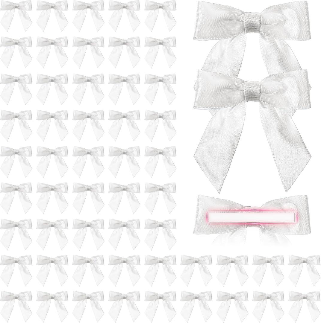 60 Pcs Satin Ribbon Bows 3 x 3 Inches Self Adhesive Satin Bows for Gift Wrapping Premade Ribbon Bows with Double Sided Tape for Crafts Birthday Christmas Party Gift Wrap (White)