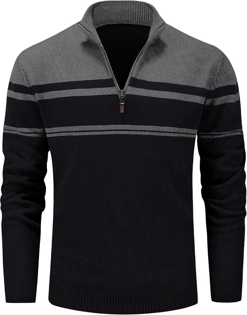 MAGCOMSEN Men's Sweaters 1/4 Zip Cotton Sweater Pullover Polo Sweaters Striped Fall Winter Warm Sweatshirts (Large, Dark Grey Black)