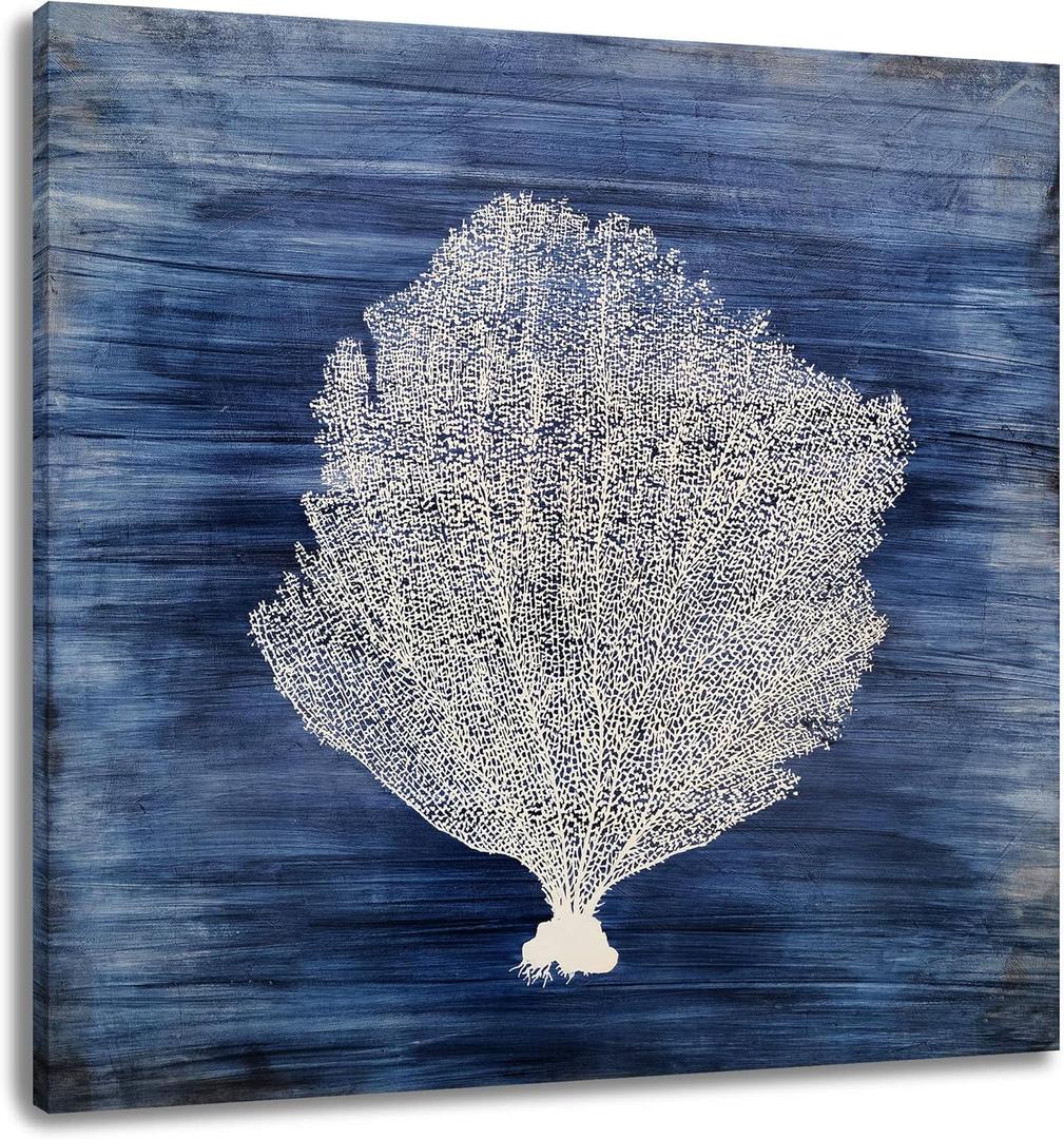 Yihui Arts Coastal Wall Art Hand Painted Navy Blue and White Tree Pictures Modern Abstract Canvas Artwork for Living Room Bedroom Dinning Decor (30L" x 30W", Coral Artwork)