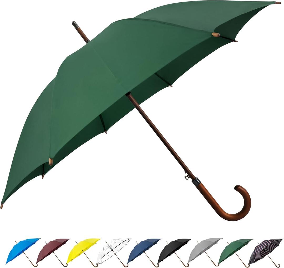 SoulRain 48" Large Umbrella Windproof Stick Umbrellas for Rain, Automatic Open, Vintage Cane green Umbrella with Classic Wooden Handle & Shaft,for Women & Men(Green)