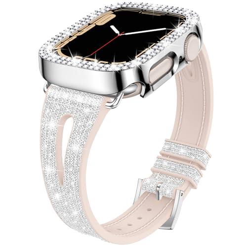 Goton for Apple Watch Series 9/8/7 41mm Bling Silicone Band with Lightweight Glitter Bumper Case, Soft & Breathable Thin Strap + Cover for Women