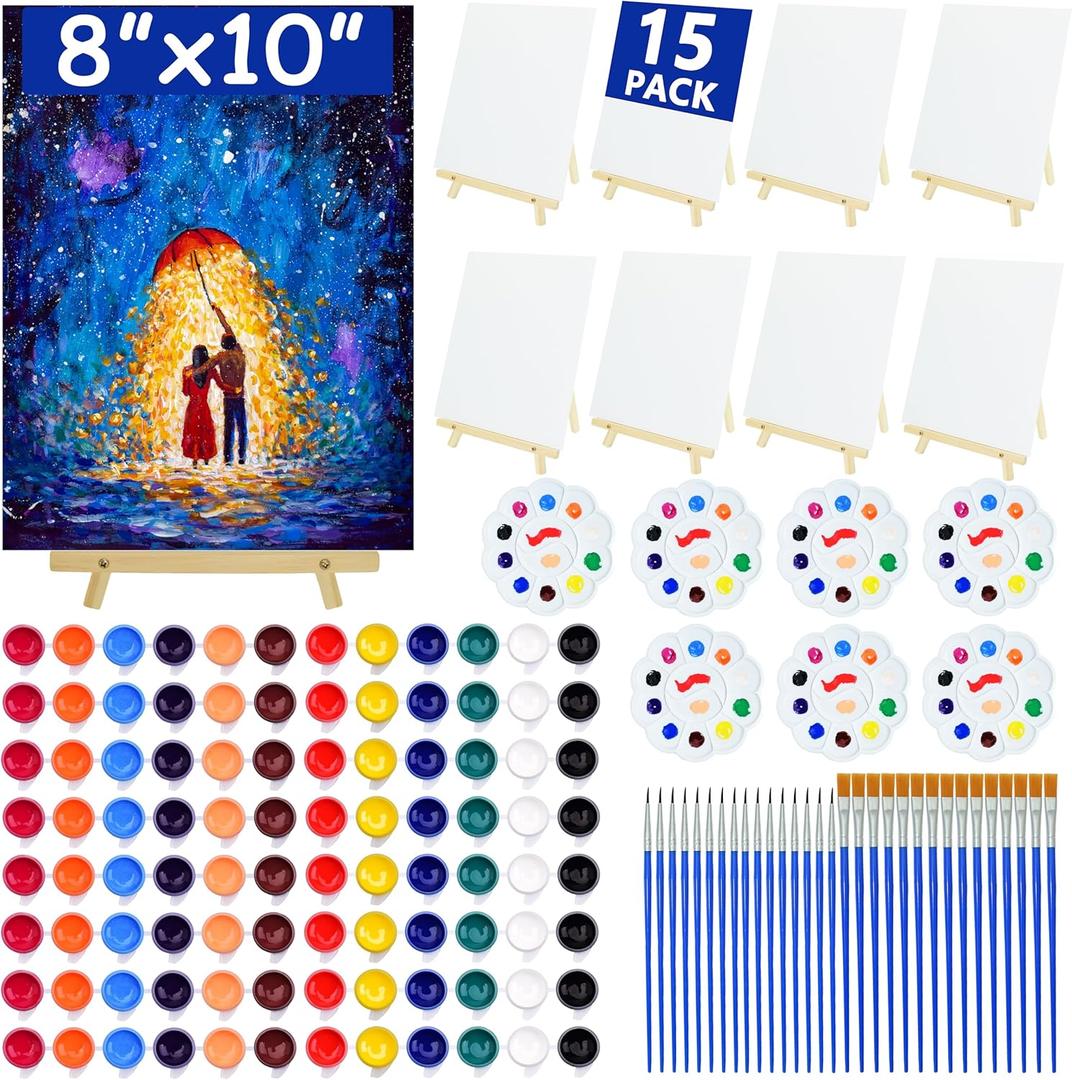 15Pack 8x10 Inch Canvas and Easel Set, Sip and Paint Kit for Adults,Art Canvas Bulk with Easels Stands, Trays,Small Paint Brushes,12 Colors Mini Acrylic Paint Set for Couples,Kids and Party Supplies