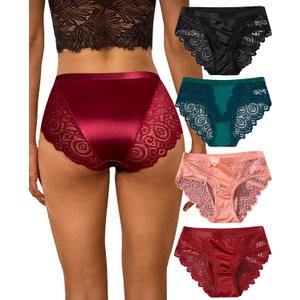 Kingfung Lace Underwear for Women Silky Smooth Hipster Cheeky Mid Waist Bikini Panties for Women Seamless Lacy Undies (X-Large, A-4pack-black/Wine Red/Green/Red Bean Pink)
