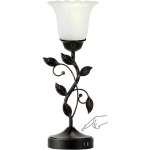 RORIANO Touch Bedside Lamp with 2 USB Charging Ports, 3-Way Dimmable Nightstand Lamps, White Glass Shade Vintage Rural Leaf Lamp for Living Room Tabletop Bedroom Side Table, LED Bulb Included