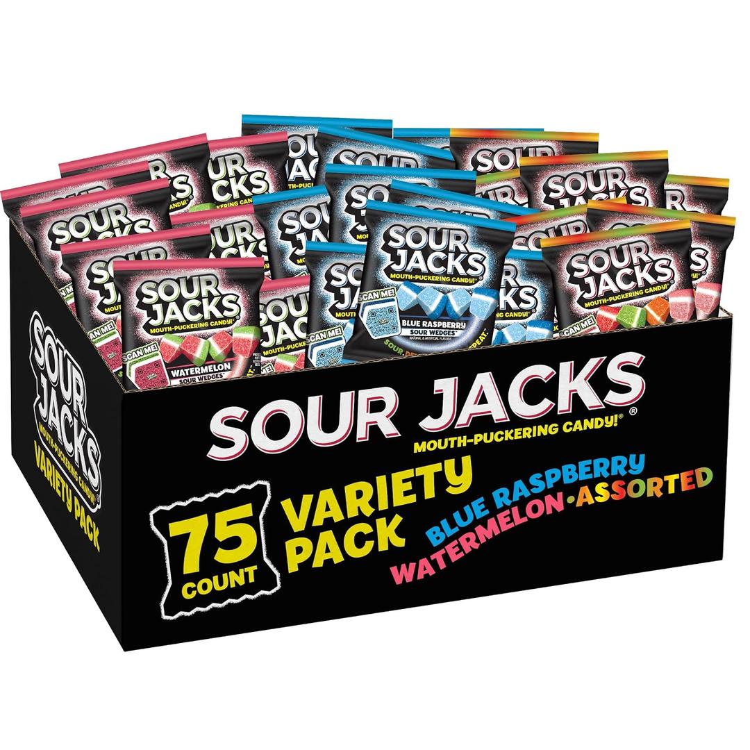 SOUR JACKS, Sour Gummy Candy, Variety Pack, 75 0.5 oz Snack-Size Pouches, Watermelon, Blue Raspberry, and Assorted Fruit, Individually Wrapped, Fat Free, Gluten Free (EXP 12/31/26)
