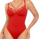SHAPELLX Women's Shapewear Lace Bodysuit Tummy Control Body Suits Waist Sculpting V Neck Thong Corset Tops (Medium, A2-red)