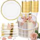 Hioasis 350pcs Clear Gold Plastic Plates - Gold Plastic Dinnerware Set Includes 50 Dinner Plates, 50 Dessert Dinnerware, 50 Cups, 50 Rolled Napkin Cutlery Perfect for Wedding & Party