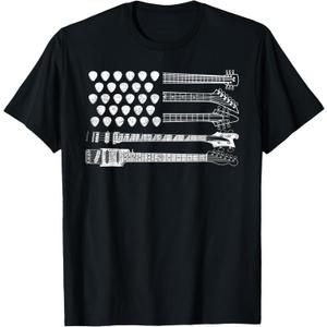 Lets Rock Rock n Roll Guitar Retro USA FLAG T-Shirt (Small, Black)