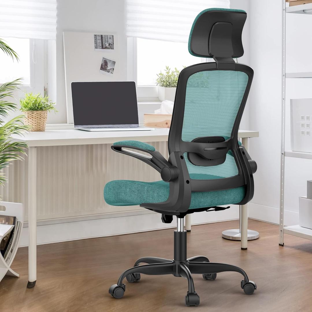 Ergonomic Mesh Office Chair for Long Hours & Back Pain Relief  Adjustable Lumbar Support & Headrest, High-Density Foam Cushion, Flip-Up Armrests, Perfect for Work & Study (English, Green)