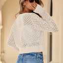 SimpleFun Womens Crochet Cardigan Casucal Tie Front Shrugs Sweaters Long Sleeve Knit Cropped Cardigans Tops (White, L)