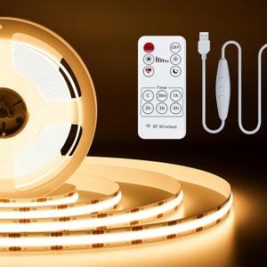 PAUTIX 5V USB COB LED Strip Light 6.56ft/2m 1200lm, 640LEDs Dimmable 3000K Warm White CRI90+ with RF Remote TV Backlight,Flexible Under Cabinet Tape Light for Bedroom,Kitchen,Home,Office DIY Lighting