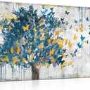 Kepgonegu Large Canvas Wall Art Blue Tree Golden Butterflies Picture Abstract Grey Graffiti Canvas Prints Ready to Hang for Living Room Bedroom Size 20x40