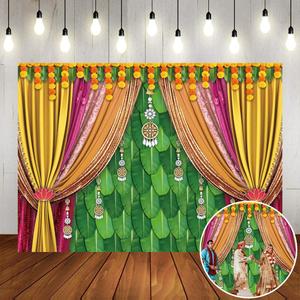 Indian Pooja Backdrop Banana Leaf Green India Traditional Religious Festival Photography Background Diwali Puja Ganpati Pooja Mehndi Wedding Party Baby Shower Decorations (7x5FT)